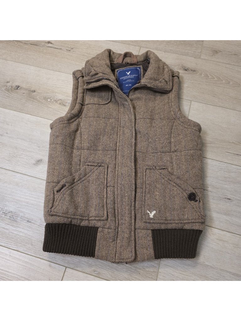 Y2k American Eagle Brown Wool Herringbone Women’s Puffer Vest Fur Collar Size M